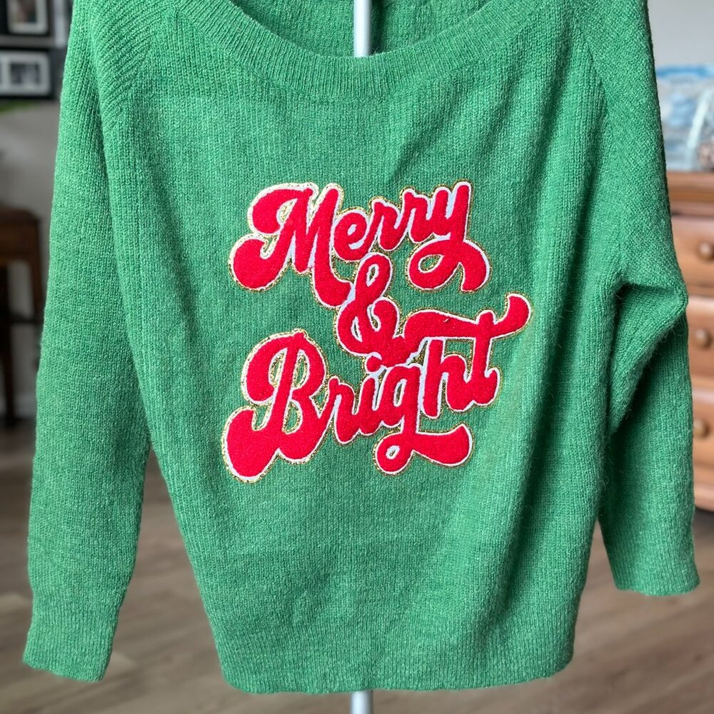Red & Green Merry & Bright Christmas Holiday Boat Neck Sweater Chenille L/S